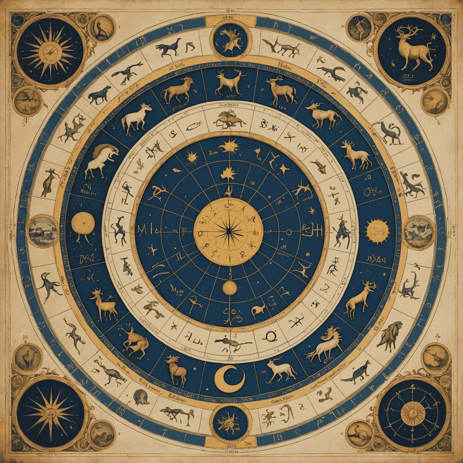 Astrologický diagram znázorňující různá znamení zvěrokruhu a jejich vztahy